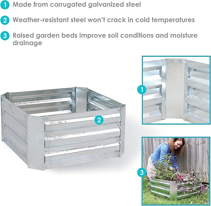 Sunnydaze Silver Corrugated Galvanized Steel 24 x 11.75 Square Planter and 40.5 x 11.75 Hexagon Raised Garden Beds for Vegetables Plants and Flowers