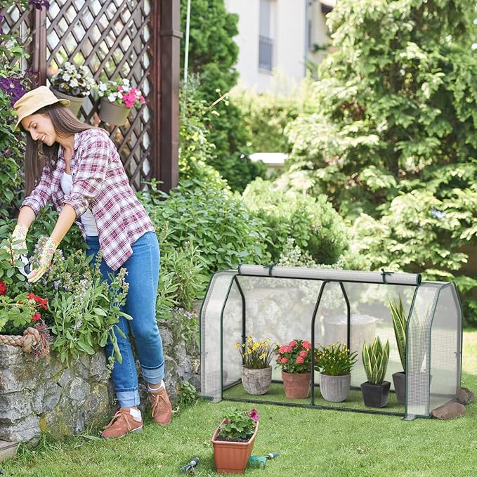 Giantex Raised Garden Bed with Mini Greenhouse w/Dual Zipper Door 48”x22”x54” Planter with Green House for Patio Lawn Garden Easy Assembly (Gray &amp White)