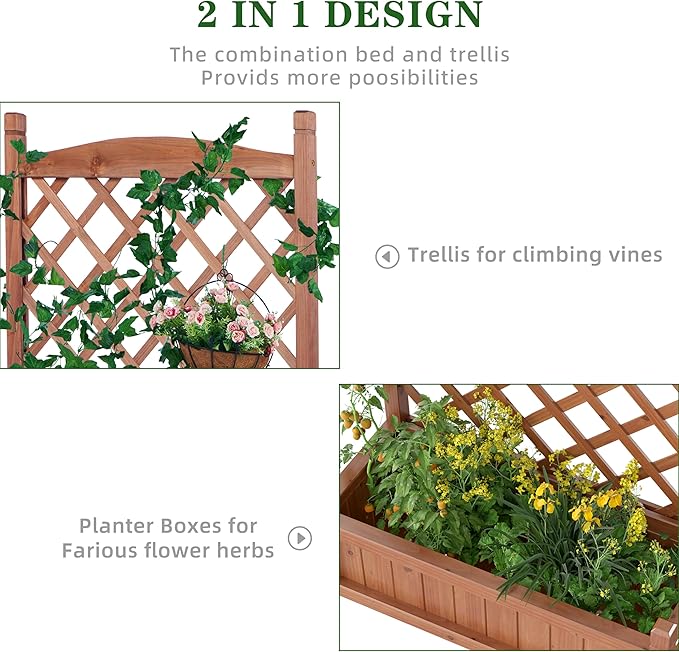 Raised Garden Bed with Trellis Set of 2 Outdoor Wood Planter Box &amp Plant Stand with Climbing Racks