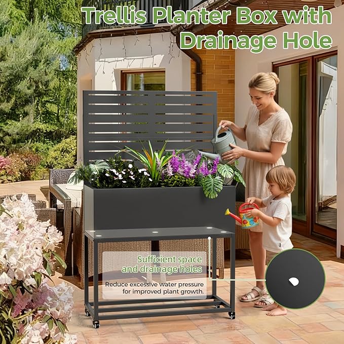 Raised Garden Bed with Trellis Metal Raised Planter Box with Trellis Privacy Planters for Patio Raised Garden Beds Outdoor Standing with Drainage Holes Wheels Black