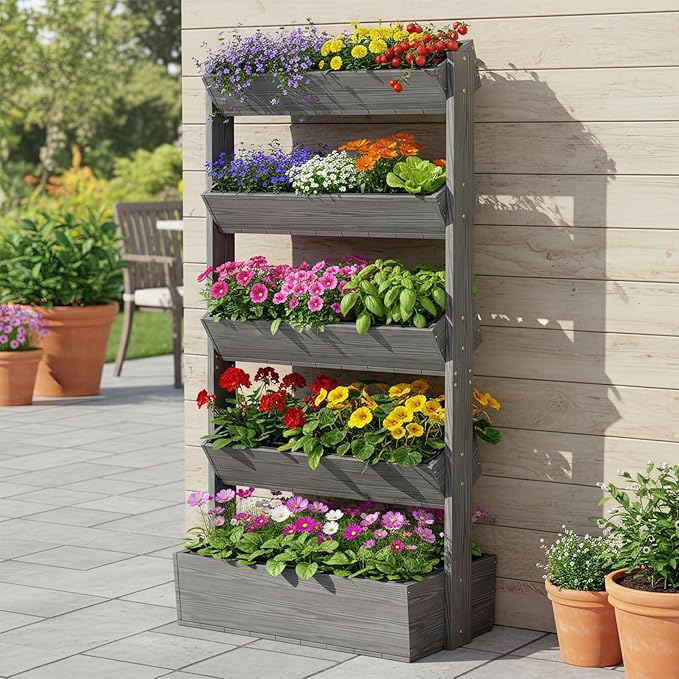 DoCred Vertical Wooden Raised Garden Bed 5 Tier Upgraded Garden Planters Freestanding Wood Plant Stand Flower Rack Wooden Planter Box for Plants Herbs Flowers Vegetables Outdoor Indoor