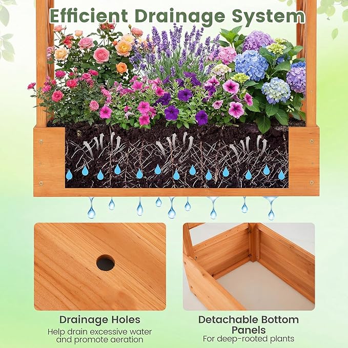 Raised Garden Bed with Trellis Wood Planter Box w/Trellis Hanging Roof Drainage Holes Freestanding Planter Raised Bed for Outdoor Climbing Plants Flowers Patio Yard Balcony (2 Orange)