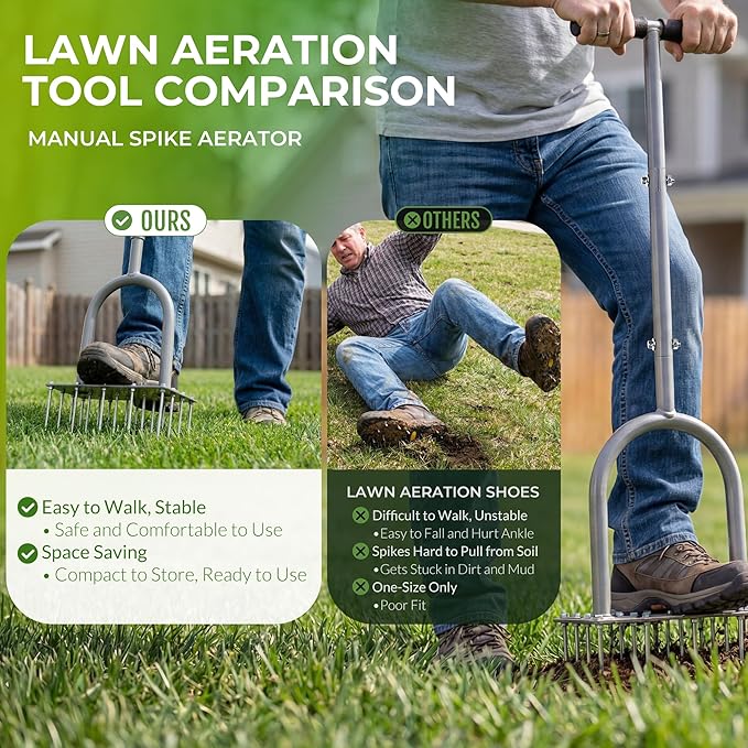 Walensee Four-Row Spike Lawn AeratorManual Heavy-Duty Steel Aerator Lawn Tool with 20 Sharp SpikesIdeal for Small YardsLawn EdgesSpot Seeding &amp Soil PrepBare Spots RepairGardening Aeration T