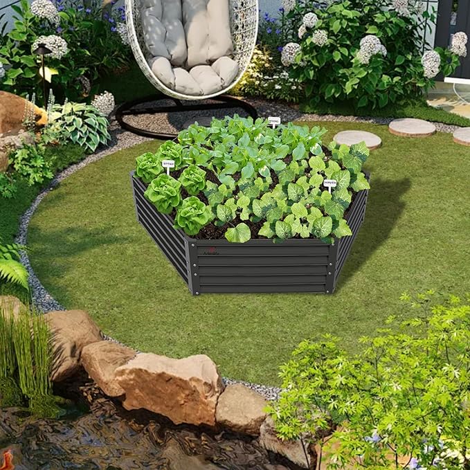 A ANLEOLIFE Hexagon Galvanized Metal Raised Garden Bed Outdoor 70x60x18in Deep Metal Planter Box for Flowers Herbs &amp Vegetables 18'' Tall Decorative Raised Bed Quartz Grey