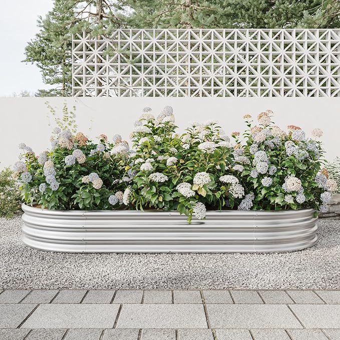 Raised Garden Bed Outdoor - Oval Large Metal Raised Planter Bed for Plants Vegetables and Flowers - Silver