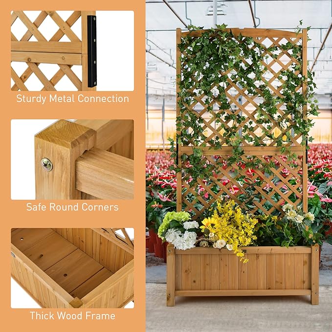 Wooden Planter Box with Trellis 71” Freestanding Garden Planter w/Lattice Panel &amp Drainage Holes Indoor &amp Outdoor Raised Garden Bed with Trellis for Vine Climbing Plants (1)
