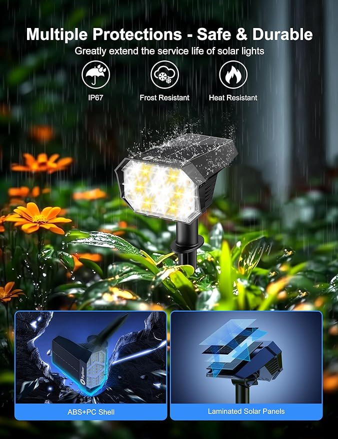 Brightown 4Pack Solar Spot Lights Outdoor [Cool &amp Warm Light 2-in-1] IP67 Solar Lights Outdoor Waterproof with 1800mAh Two Mounting Methods Outdoor Solar Lights for Yard Garden and Pathway