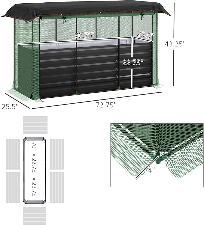 Raised Garden BedGalvanized Steel Planter Box with Crop Cage and Shade Clothfor Flowers Veggies and Herbs WE839