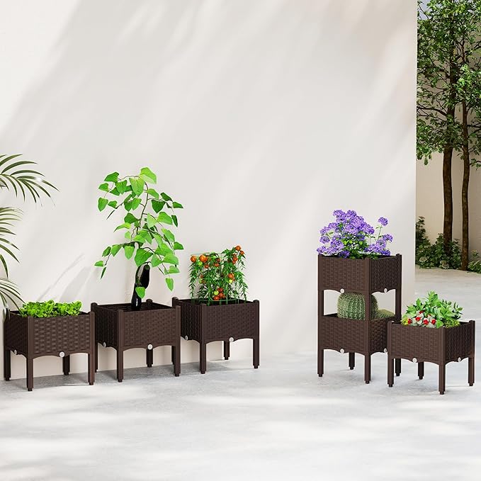 Outsunny Plastic Raised Garden Bed with Legs Self Watering Elevated Planter Boxes with Drainage Holes and Plugs Easy Assembly Outdoor Planter Box for Patio Yard Balcony Vegetables Flowers Herbs