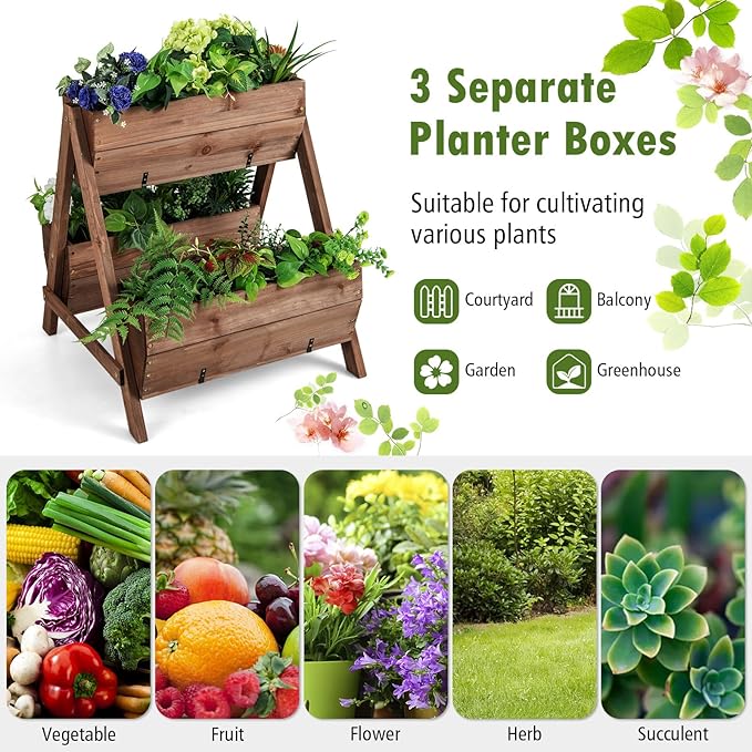 S AFSTAR 21-Inch Vertical Raised Garden Bed 3 Tiered Wooden Planter Boxes 26 L x 29 W x 29 H Drainage Holes Indoor Outdoor Flowerbed Freestanding Elevated Planter Box for Garden Flower Veggies