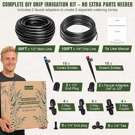 Push-to-Connect Drip Irrigation System Adjustable Irrigation System for Garden Raised Bed Automatic Plant Watering System Complete Drip Irrigation Kit with Drip Emitters Tubing Connectors