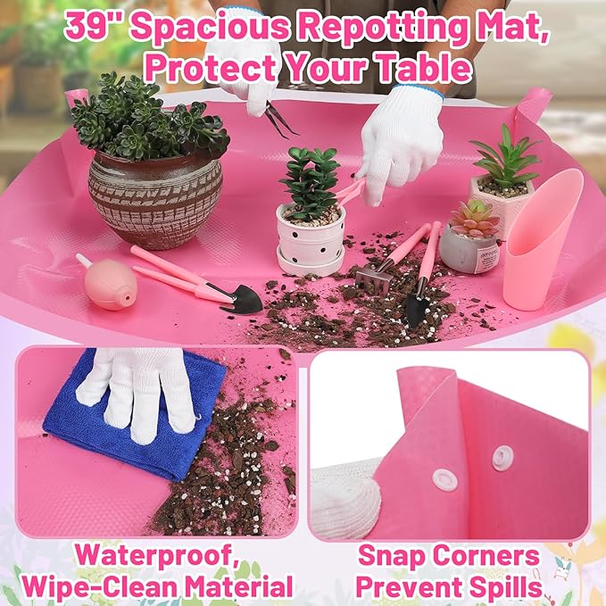44pcs Small Gardening Tools Gifts for Women Beginners - Garden Hand Tools Set for Indoor Succulent Bonsai Plants Transplanting Included Bag/Repotting Mat/Shovel/Labels Pink