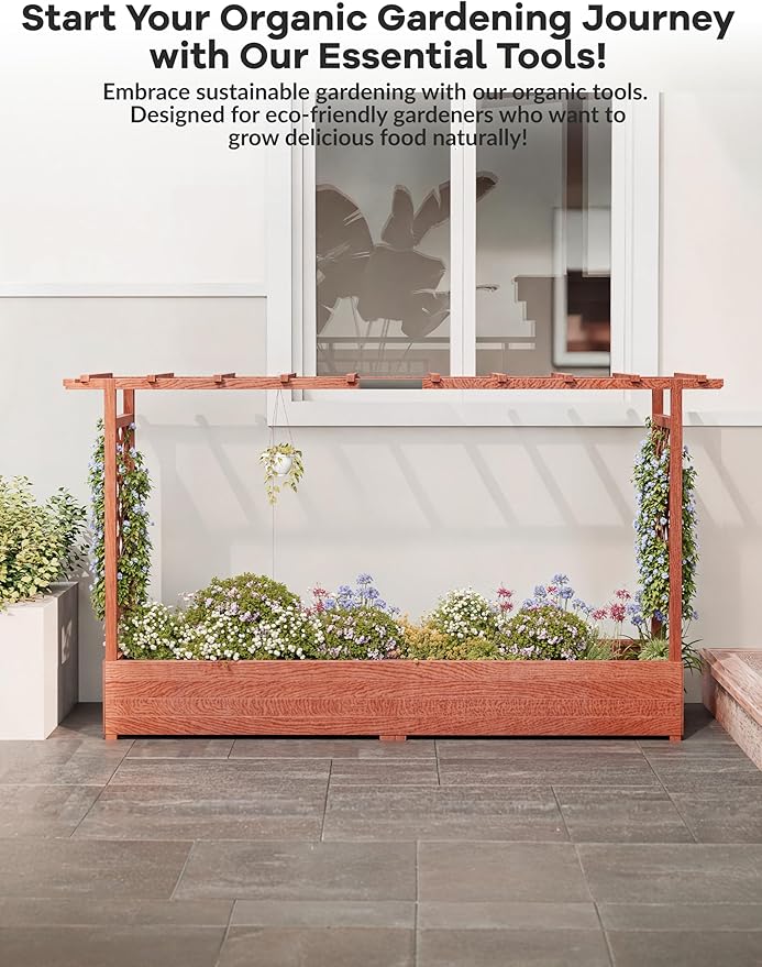 Elevated Wooden Garden Bed with Trellis - 45 in Planter Box with Side Supports Canopy and Drainage Holes – Perfect for Climbing Plants Vines and Blossoms