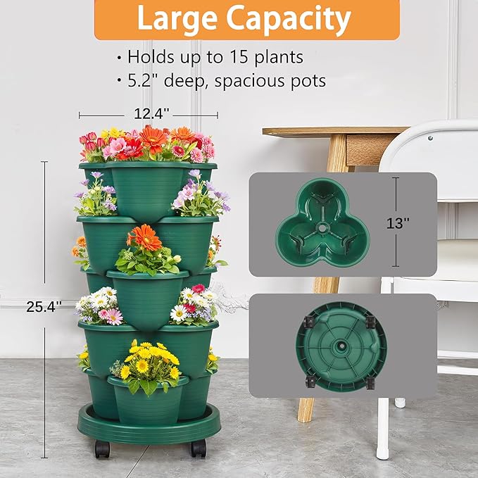 VECELO 5 Tier Vertical Garden Planter Self Watering Stackable Planters with Wheels for Strawberries Herbs Flowers Vegetables Dark Green