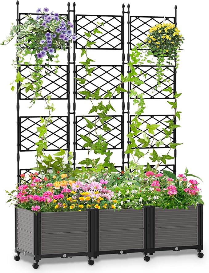 Raised Garden Bed Outdoor Planter Box with Trellis and Wheels Tomato Planter Cage with Trellis Indoor Outdoor Patio Self Watering Planters for Climbing Plants Vegetable Flowers