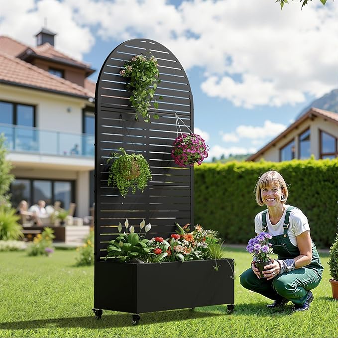 Casaphoria Metal Raised Garden Bed with Trellis and Wheels 72x35x16 Arched Planter Box for Climbing Plants Vegetables &amp Vines Features Drainage Holes and Privacy Screen (Black-Louvered)