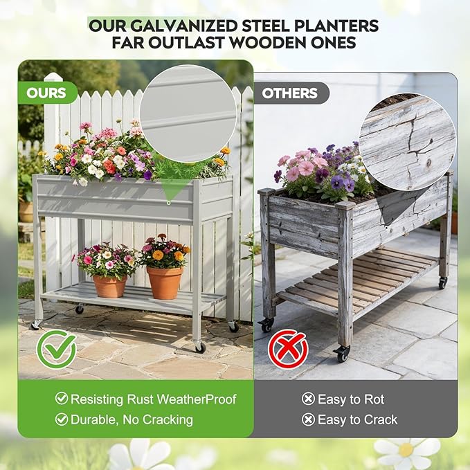 ZORMY 32 Tall Galvanized Raised Garden Bed with Legs Wheels &amp Shelf Elevated Planter Box Outdoor for Vegetables Herbs &amp Flowers Patio &amp Backyard Garden Bed with 400lb CapacityGrey