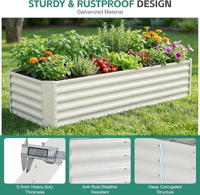 Galvanized Raised Garden Bed - 6x2x1.4ft Metal Garden Planter Box Outdoor | Steel Raised Bed Kit with Bracing Rods Gloves for Gardening Vegetables Fruits and Flowers (White)