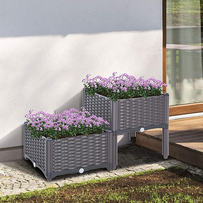 Set of 2 Elevated Planting Box Outdoor Planter Boxes with Legs Modern Rattan-Style Plastic Garden Raised Bed for Vegetables