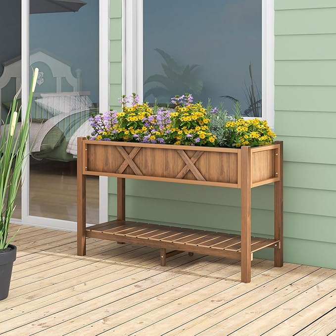 Raised Garden Bed with Legs 47 x 18 x 29 Inch Elevated Planter Box w/HIPS Frame Drainage Holes &amp Storage Shelf Standing Raised Planter for Flowers Herbs Outdoor Balcony Backyard (Coffee)