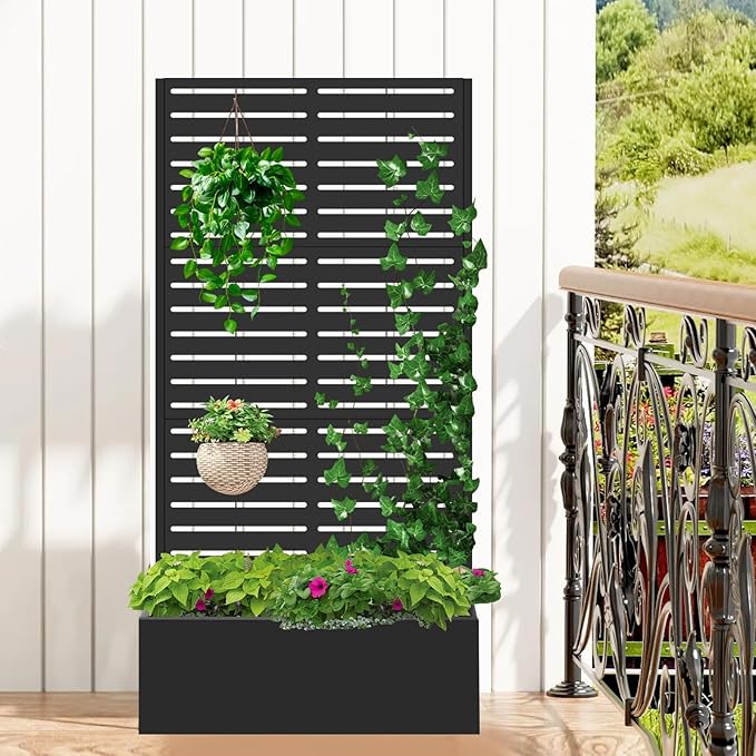 Metal Raised Garden Bed with TrellisPlanter Box for Climbing Plants Vegetables &amp Vines Features Drainage Holes and Privacy Screen.raised garden beds outdoor planters for porch (White 71x35x1