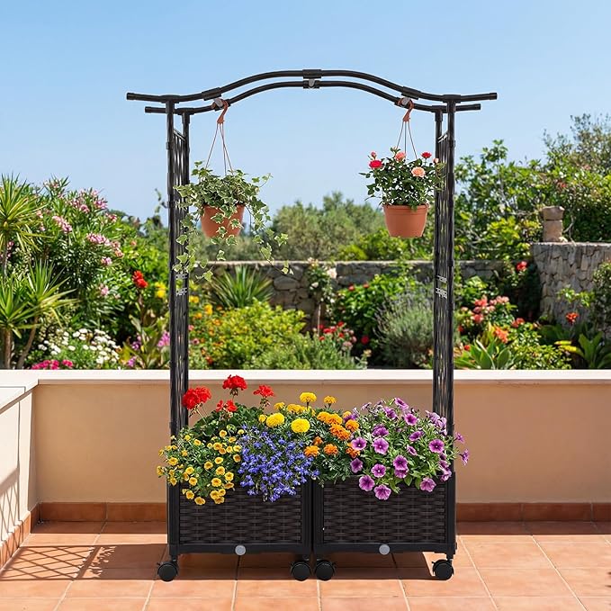 Giantex Planter Boxes with Arch Trellis 5FT Self-Watering Tall Raised Garden Bed w/Wheels Hanging Roof &amp Drainage Holes Outdoor Indoor Tomato Planter for Climbing Vines Vegetables Flowers