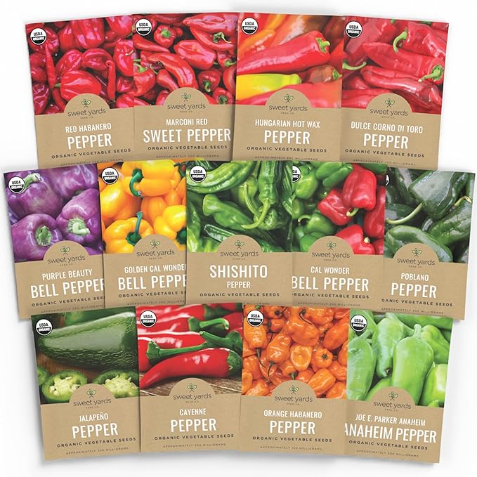 Organic Pepper Seeds (Sweet and Hot) Variety Pack - 13 Individual Packs - 2026 Season - Cayenne Orange Habanero Shishito and More! for Indoor &amp Outdoor Planting (Non-GMO Certified Organic)