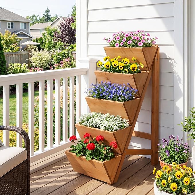 HAPPYGRILL Vertical Raised Garden Bed Freestanding Wood Elevated Planter Box w/Legs for Growing Vegetables Flowers Herbs Indoor Outdoor Tiered Plant Stand for Patio Yard Balcony Corner (15-Tier)