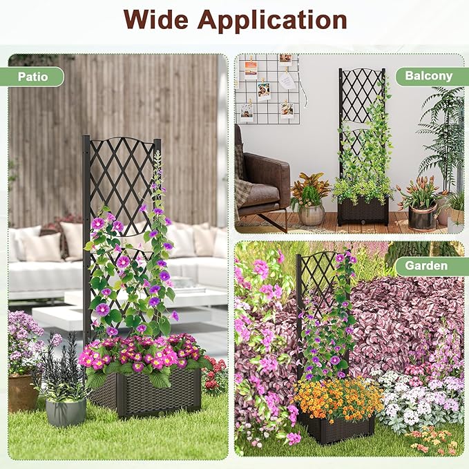 LDAILY Moccha Raised Garden Bed with Trellis - Planter with Trellis Self-Watering Device Drainage Hole Standing Garden Bed for Climbing Plant Vegetable Herb Flower (16”L x 16”W x 48”H)