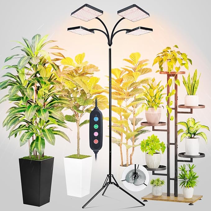 2026 4Head Full Spectrum Grow Light with Stand 100 Watt Bright Grow Lights for Indoor Large Plants Tall Bonsai Tree Auto On/Off Daily Timer(4/8/12/16/20H) Adjustable Stand 24-78