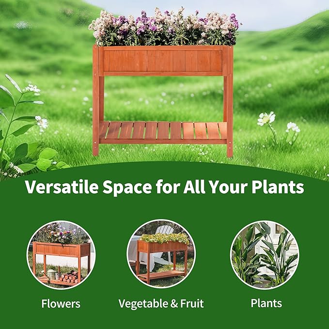 Premium Fir Wooden Raised Garden Bed with Four Legs for Backyard and Balcony GardeningSuitable for Indoor and Outdoor useBottom with Storage Rack35.04''×13''×29.92''