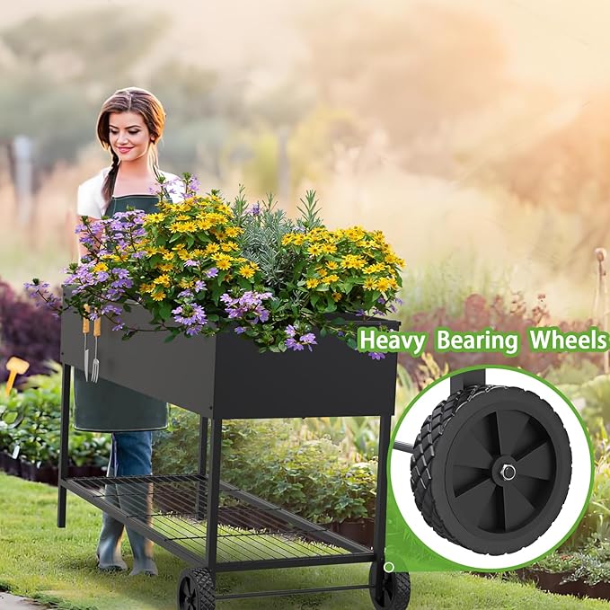 51 × 26 × 31.5 Inches Raised Garden Bed with Legs/Storage Shelf Mobile Planter Box for Outdoor Plants Elevated Garden Bed for Backyard Balcony Black