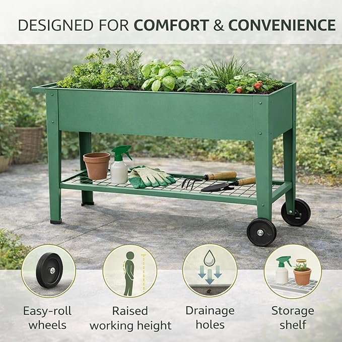 InSideOut Elevated 40 Raised Garden Bed Outdoor with Wheels &amp Shelf for Mobility Metal Planter Box for Vegetables/Herbs Patio-Balcony-Backyard (Sage Green)