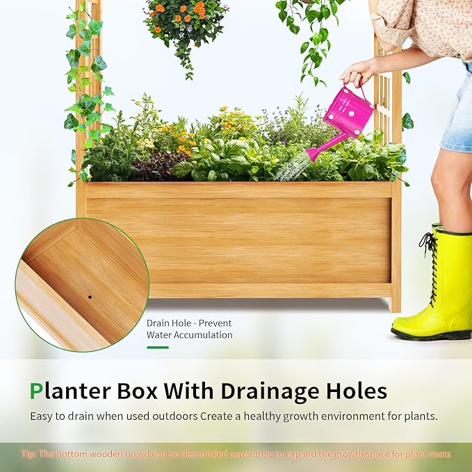 SUNYRISY Raised Garden Bed with Arch Trellis Wooden Outdoor Vertical Planter Box for Climbing Plant Vine Flowers Vegetables Planter Raised Bed with Hanging Roof and Drainage Holes