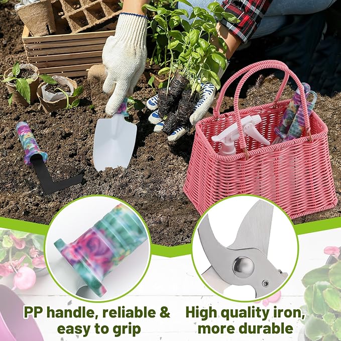 Gardening Gifts for Women Gardeners - Garden Tools Set with Woven Basket Gardening Kit with Trowel Pruning Shears Weeding Knife Hand Rake Gardening Tools for Mom Grandma Birthday Gifts Pink