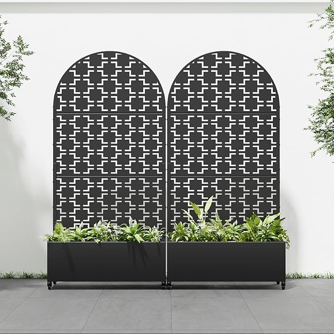 Casaphoria 72x35 Metal Raised Garden Bed with Trellis(2 Pack)Outdoor Planter Box with Wheels &amp Drainage Holes for Climbing Plants FlowersElevated Garden Kit Black-Square-Arched