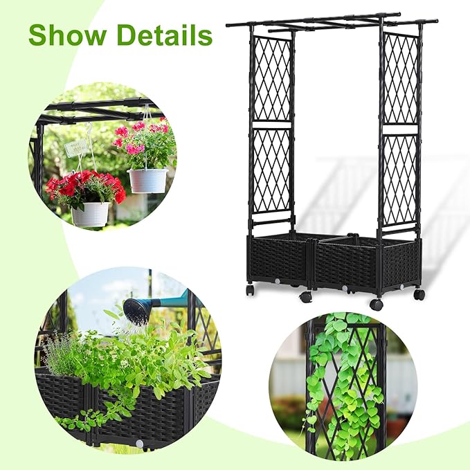 Lalahoni Planter with Trellis 4.5ft Trellis Planter Self-watering Box with Wheels for Outdoor Plants Tomato Flower Vegetable Herb Vine Garden Patio Plastic Raised Bed Trellis with Drainage Hole 1PC