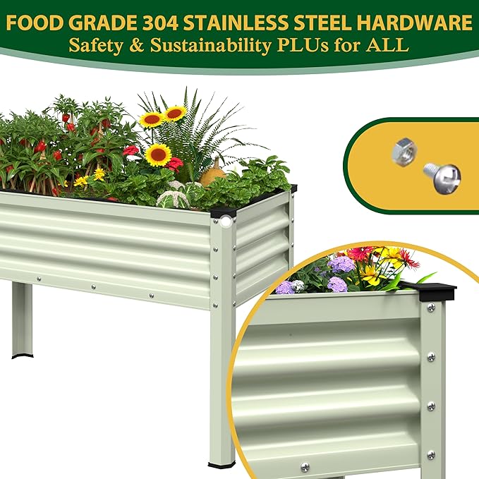Galvanized Raised Garden Bed with Legs 48 W x 24 D x 32 H Large Metal Elevated Raised Planter Box with Drainage Gaps for Backyard Patio Balcony 507lbs Capacity Beige