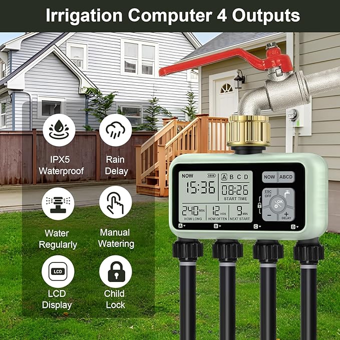 Watering Timer 4 Zone with with Brass Inlet Sprinkler Timer Programmable Garden Outdoor Hose Faucet Timers with Rain Delay/Manual/Automatic Watering SystemWater Hose Irrigation Timers 4 Outlet