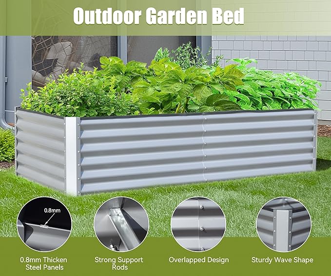 6x3x1.5ft Galvanized Raised Garden Bed Outdoor Planter Garden Boxes Large Metal Planter Box for Gardening Vegetables Fruits Flowers Silver