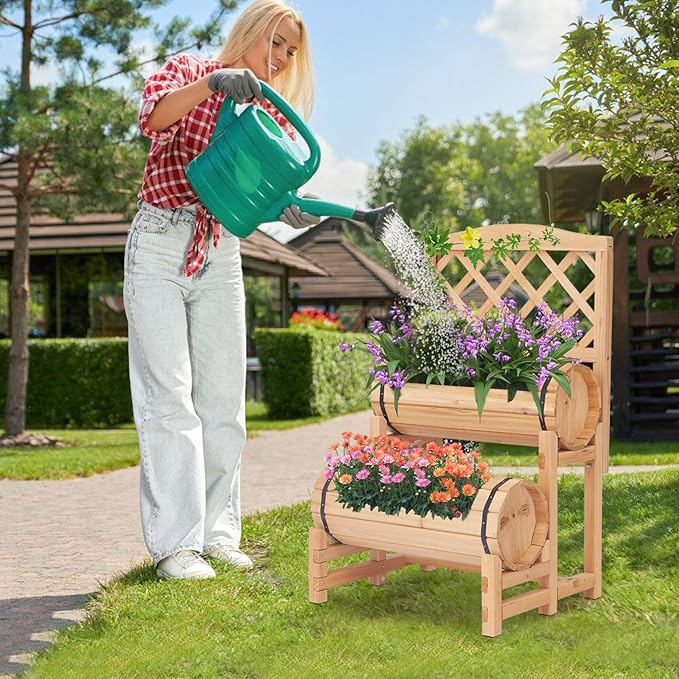 kinbor Outdoor Wood Raised Garden Bed Raised Planter Box Planter with Trellis Elevated Garden Bed for Gardening Vegetables Flowers Climbing Plants Growing Garden Balcony Patio Yard