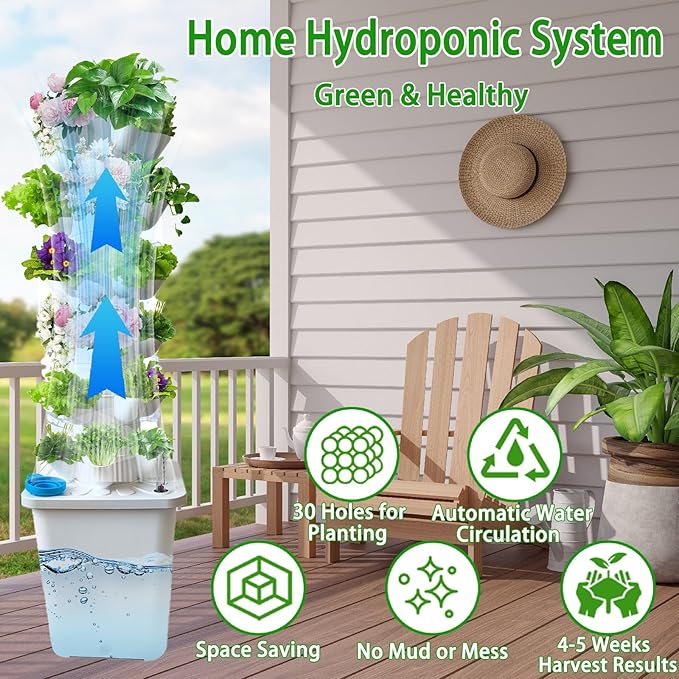 Hydroponics Growing System Aeroponics Tower 25 Holes Garden Planting Kit Water Circulation Pump for Indoor Herb Cultivation(25holes)