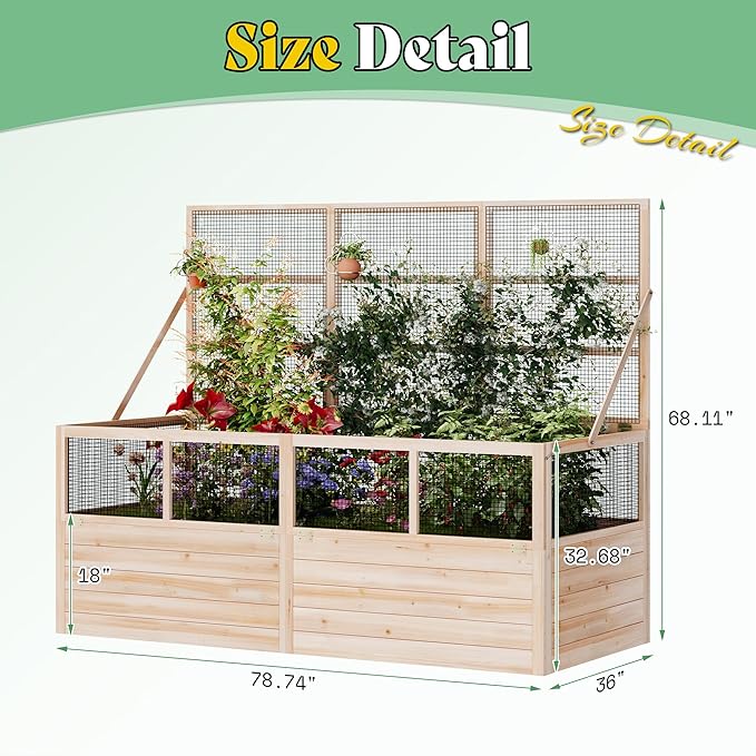 AMERLIFE Raised Garden Bed with Hinged Fencing and Trellis 18 Inch Deepened Wood Planter Box 2 PCS Flip-up Front Panel Easy Assembly Ideal for Seed Starting and Growing Vegetables &amp Fruits