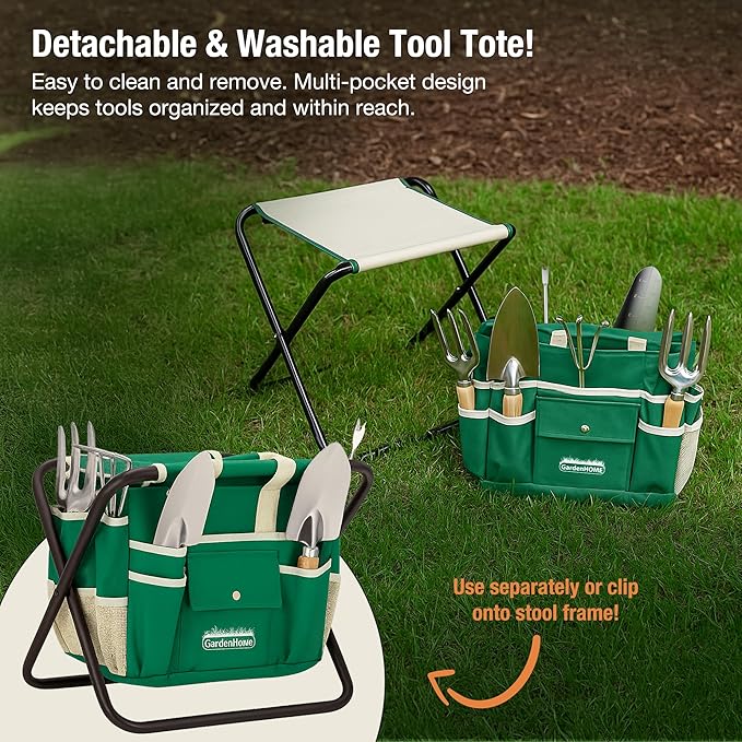 GardenHOME 7-Piece Green Gardening Tool Set – Stainless Steel Tools with Wooden Handles Folding Stool &amp Canvas Tote Durable Garden Kit for Every Gardener