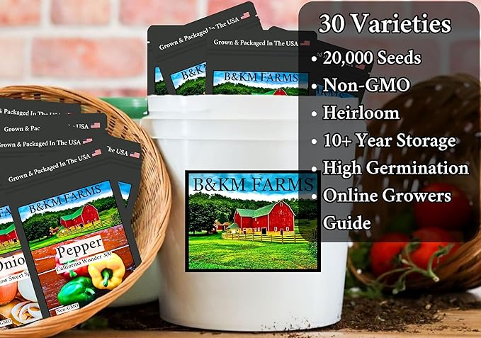 B&ampKM Farms 20000+ Survival Seed Kit 5+ Year Supply. 30 Fruit &amp Vegetable Non-GMO Heirloom Seeds for Planting a Home Garden. Secure Emergency Weather-Proof Bucket