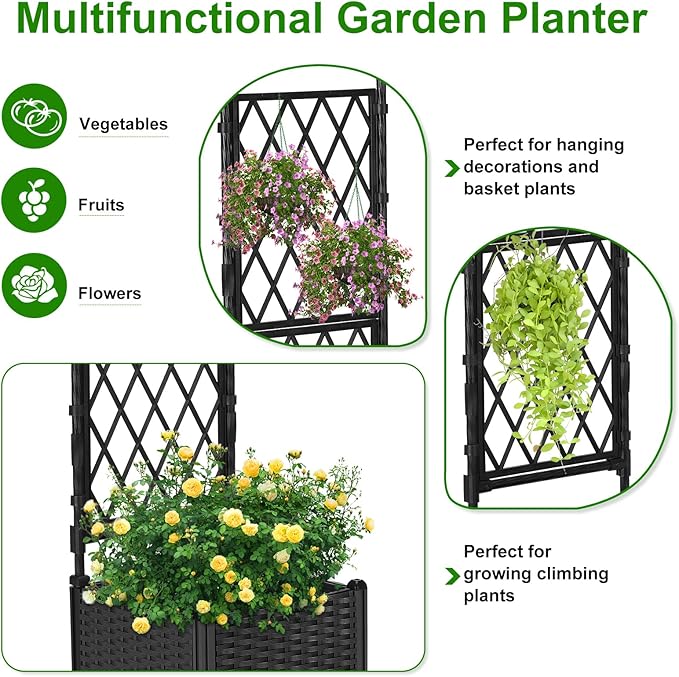 Planter with Trellis Raised Garden Beds Trellis Planter Box Outdoor Self-Watering for Gardening Climbing Vegetables Flowers Balcony Backyard Patio Black1PC