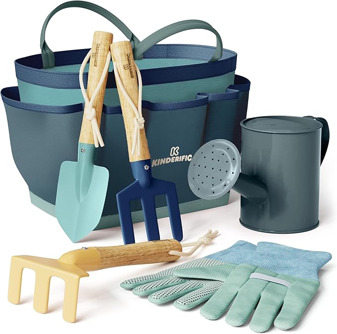 Gardening Set Tool Kit for Kids STEM Includes Tote Bag Spade Watering Can Rake Fork Trowel and Gloves (Ocean Blue)