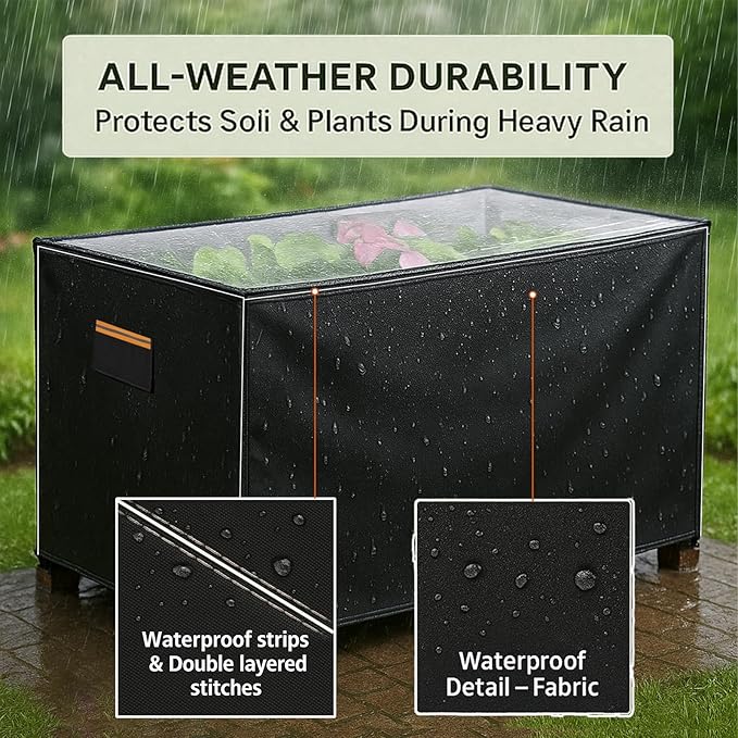 Outdoor Raised Garden Bed Winter Cover 48 L x 24 W x 30 H Heavy-Duty 2-Layer 600D Oxford Fabric Waterproof Insulated with Transparent PVC Top for All-Weather Elevated Wood Planter Box