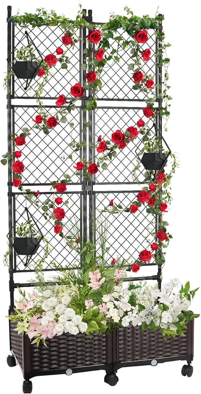 Kalolary 170CM Raised Garden Bed with Metal Trellis Large Plastic Planter Box with Drainage Hole on Wheels Tomato Planters Climbing Trellis Outdoor Indoor for Climbing Plants Vegetable Flowers Vine