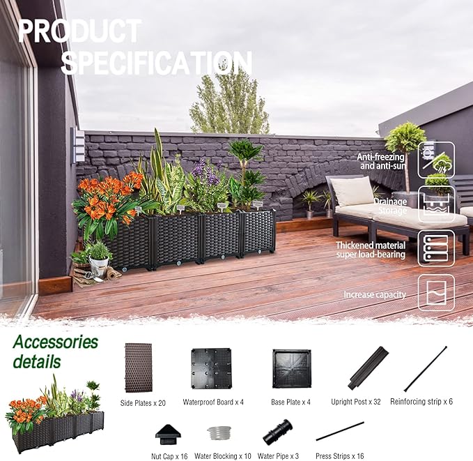 Garden Boxes Outdoor Raised Beds for Gardening Rectangular Planter Boxes Outdoor Planter Garden Box with Drain Outlet Easy Assembly